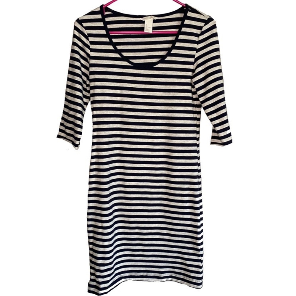 H&M Basics Navy and Grey Striped Knit Midi Dress